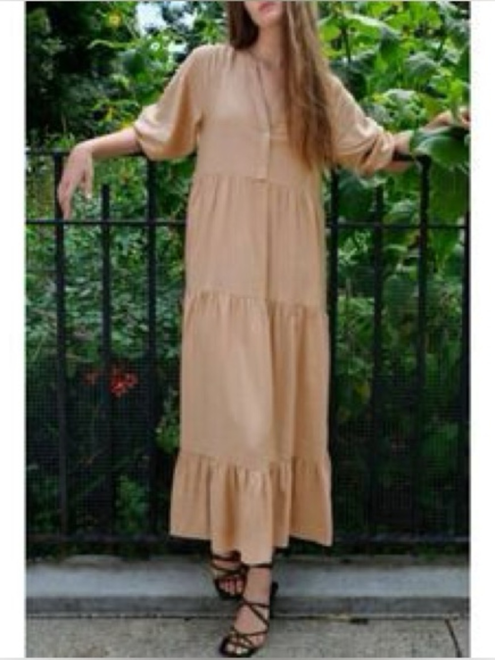 Zara Linen Blend Tiered Midi 3/4 Sleeve Dress Camel